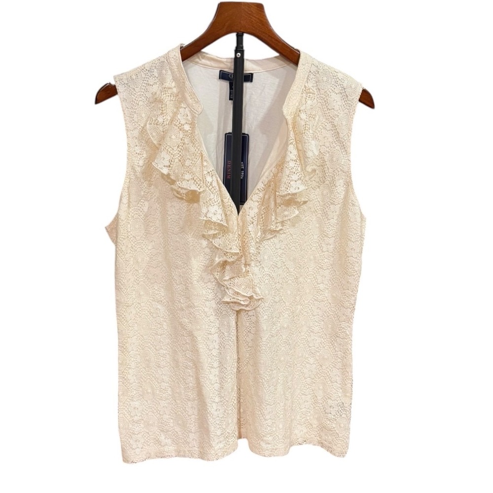 NWT Soft Romantic Chaps Cream Lace Ruffle V-Neck Sleeveless Blouse Top Ivory XL